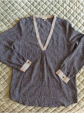 Joie - Navy and White Star-Print Top with Striped Trim - 100% Silk